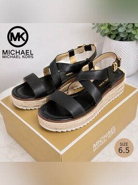 Michael Kors Lynn Espadrille Platform Sandals Black Size 6.5 NWT Flaw